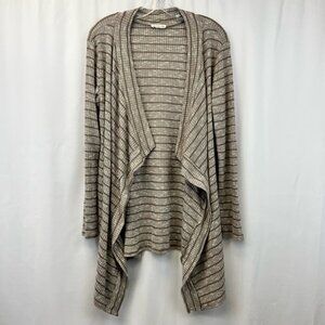 Sweet Pea Womens Cardigan Sweater Brown/White Striped Long Sleeve Waffle Knit L